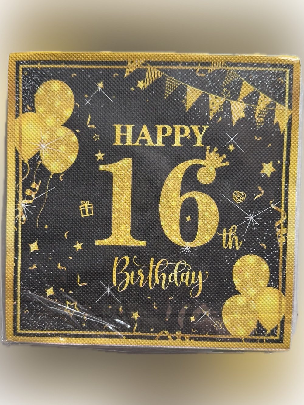 Happy 16th Birthday Black & Gold Party Napkins and Banner